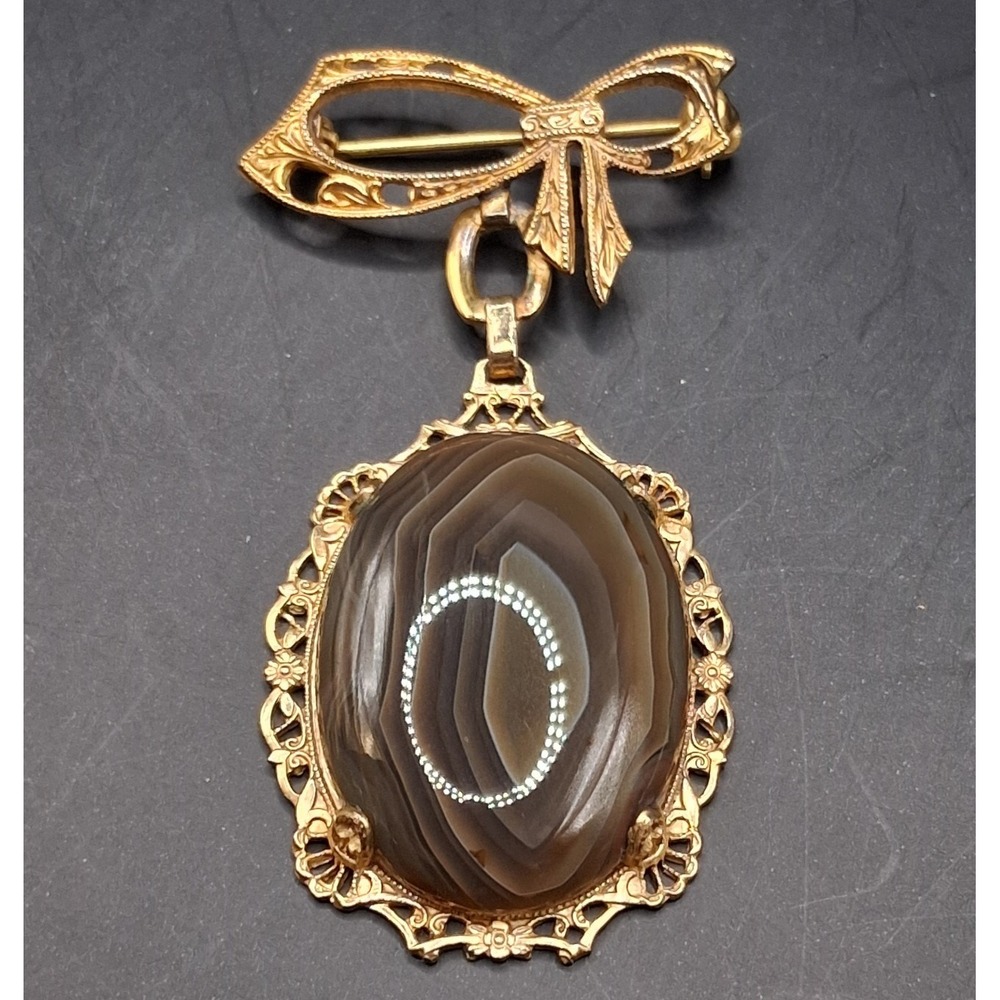 Vintage 10K Gold Filled Scottish Banded Agate Bow/ Love Knot Brooch Pin 1/20  GF